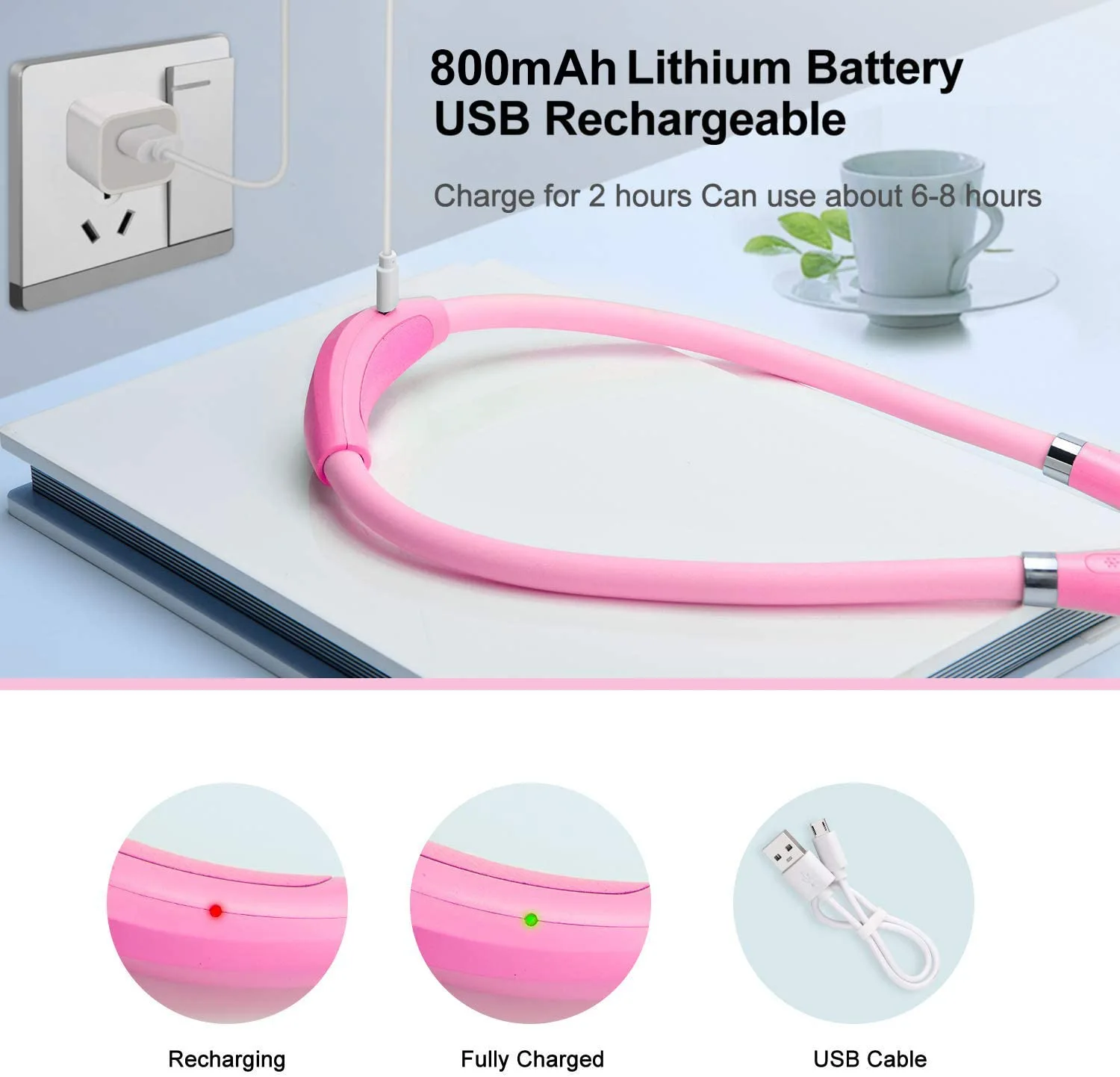 TSINGREE LED Neck Book Light USB Rechargeable, Hands Free, 4 Super Bright LED Bulbs, 3 Adjustable Brightness, Best for Reading in Bed,Knitting,Walking,Jogging,Mending in Night (Pink)