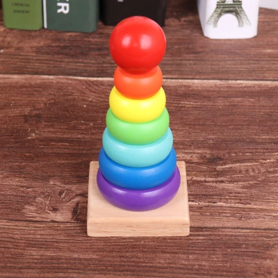 Wooden Seven-color Tower Stacking Circle Building Block Educational Toy