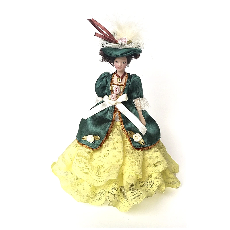 Dollhouse Miniature Porcelain Victorian Doll Model Green Dress Miss Lady