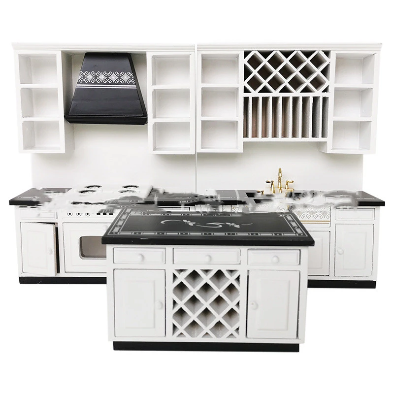 Mini Kitchen Furniture Three Piece Set Of Black And White Cooking Counters