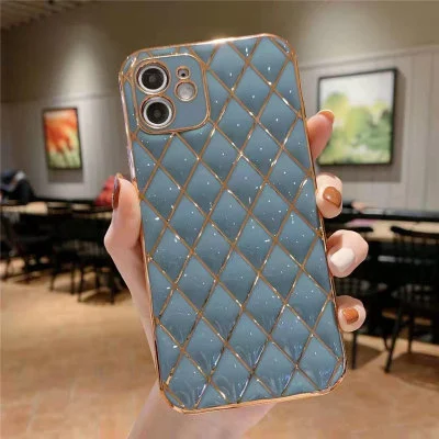 Compatible with Apple, Suitable For  12 EelectroPlating Lambskin Mobile Phone Shell Diamond Grid Iphone11Promax Straight Edge Silicone Soft Fine Hole