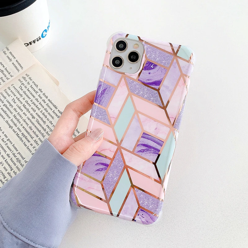 Mobile Phone Shell Electroplating Diamond-Shaped Marble Stitching All-Inclusive Anti-Fall New Protective Cover