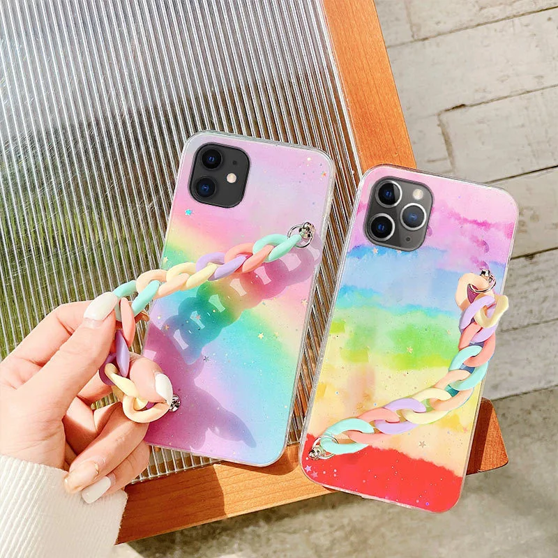 Rainbow Wristband For Mobile Phone Case Macaron Chain Female Soft Case