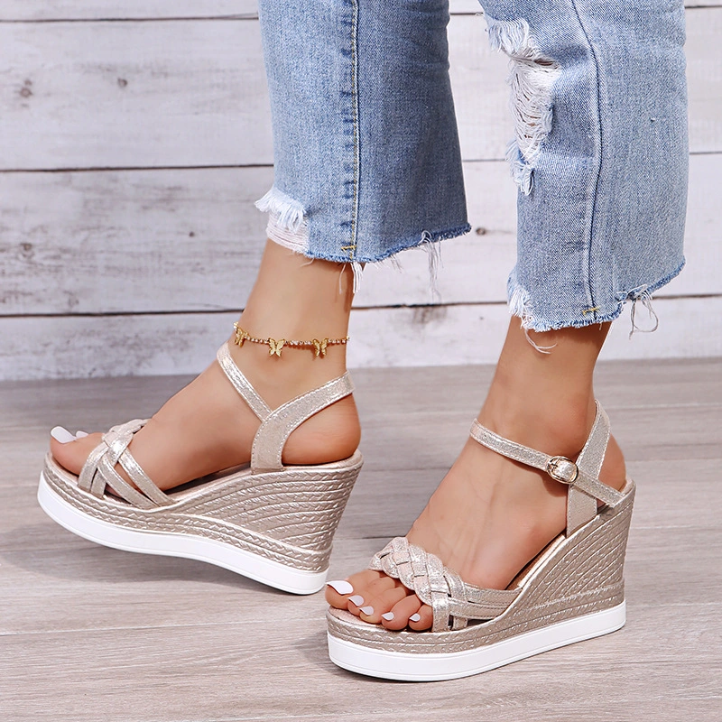 One Word Buckle Platform High Heel Net Red Wedge Women Shoes