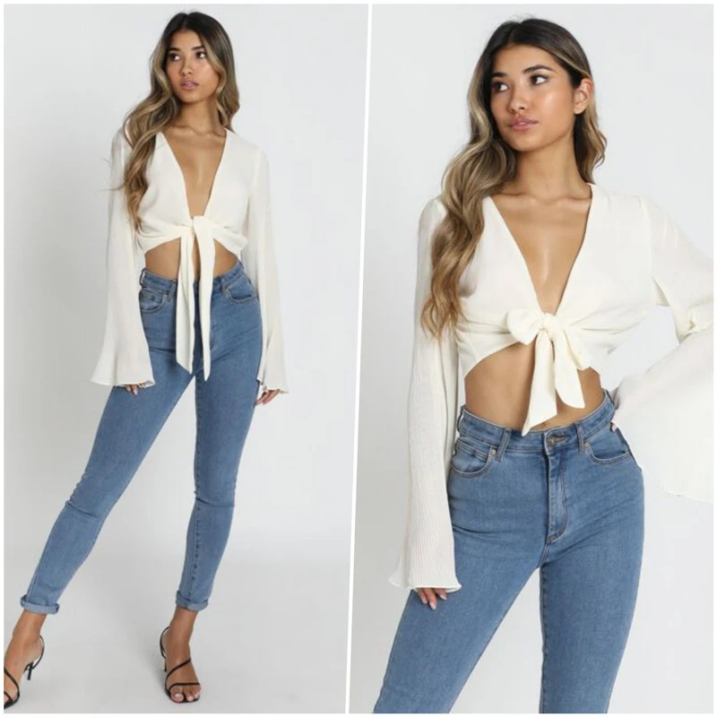 Chiffon Flared Sleeve Sexy Solid Color V-neck Tie Shirt