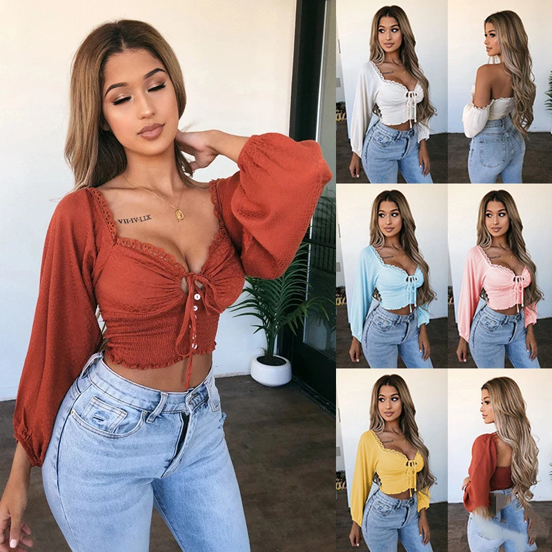 Off-The-Shoulder Sexy Comfortable Lace-Up Long-Sleeved Blouse T-shirt