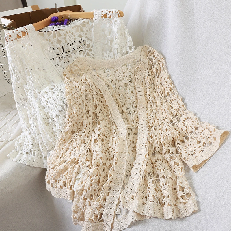 Summer Thin Cardigan Women'S Crochet Hollow Sweater Small Coat Vacation Sun Protection Shirt Short Shawl