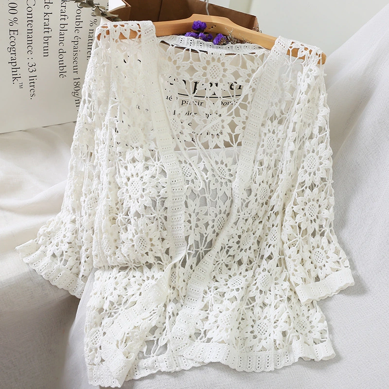 Summer Thin Cardigan Women'S Crochet Hollow Sweater Small Coat Vacation Sun Protection Shirt Short Shawl