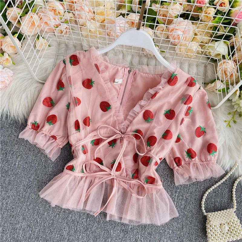 Chiffon Shirt Slim-fit Lace-up Short Western-style Blouse