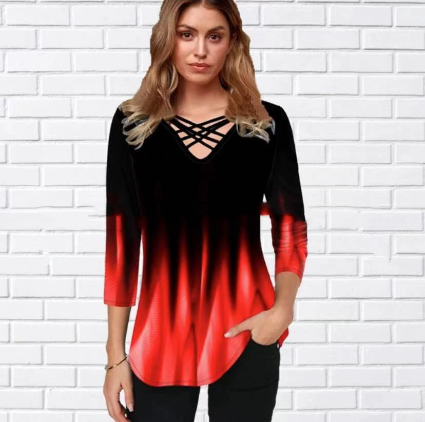 Gradient Print Fashion Casual Middle Sleeve V-neck T-shirt