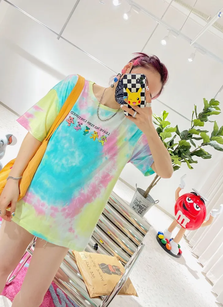 Tie-Dye Embroidered Round Neck Short-Sleeved T-Shirt Top