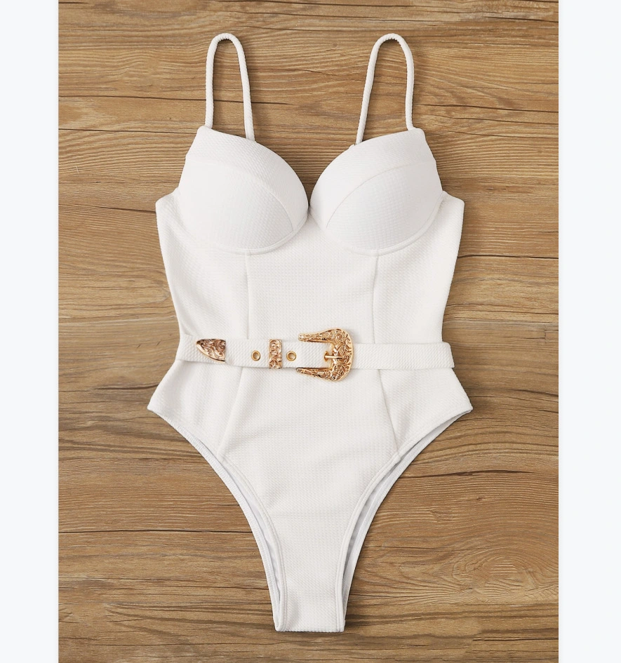 One-piece Solid Color Bikini With Metal Belt Buckle And Hard Bag