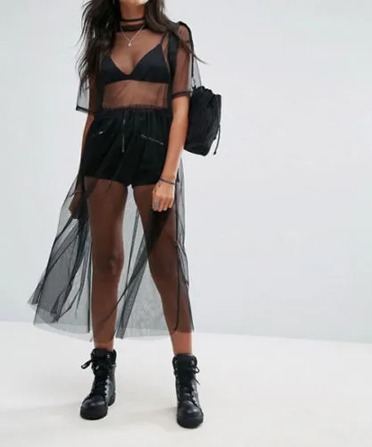 Women's Translucent Tulle Dress And Mesh Blouse