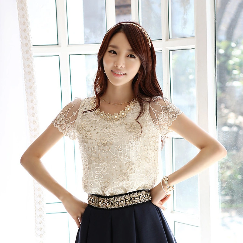 Bead Print Short-sleeved Mesh Chiffon Shirt