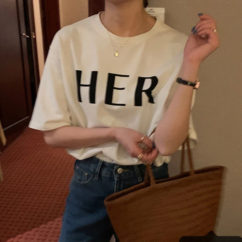 Letter Print Short-sleeved T-shirt Women Casual Slimming Round Neck Blouse