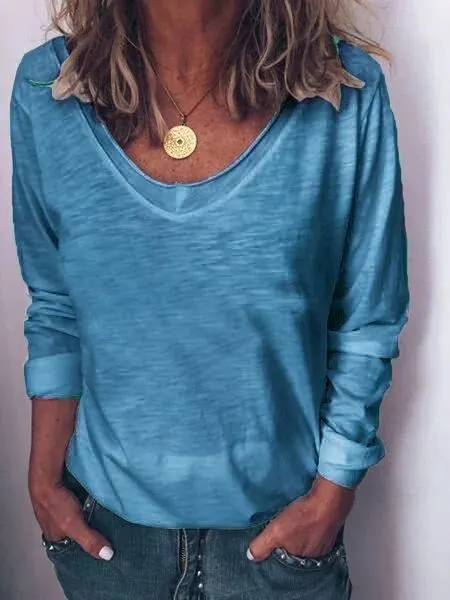 Long-sleeved T-shirt V-neck Casual Solid Color Top