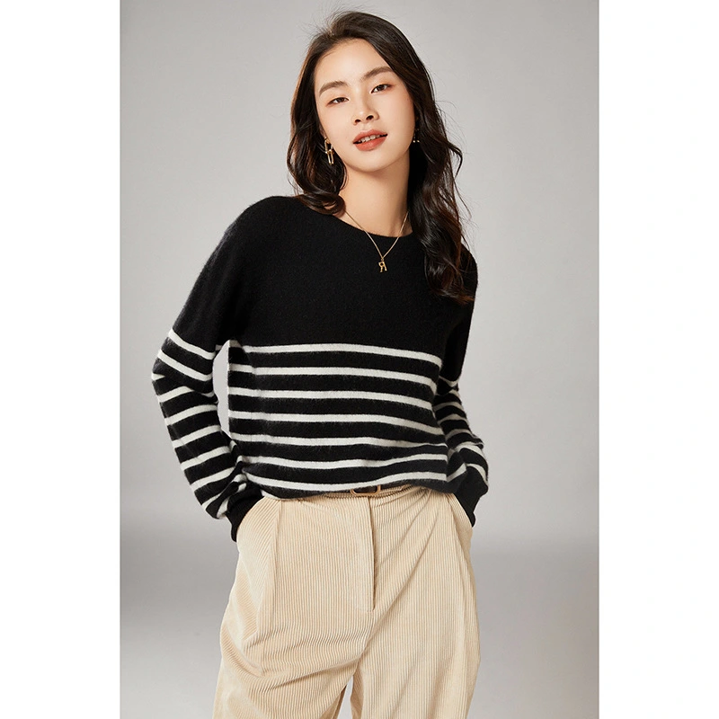 Cardigan Women's Round Neck Black And White Stripes