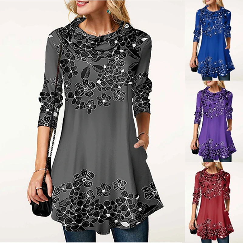 Trendy Pile Collar Long-sleeved Printing Casual Plus Size T-shirt Women