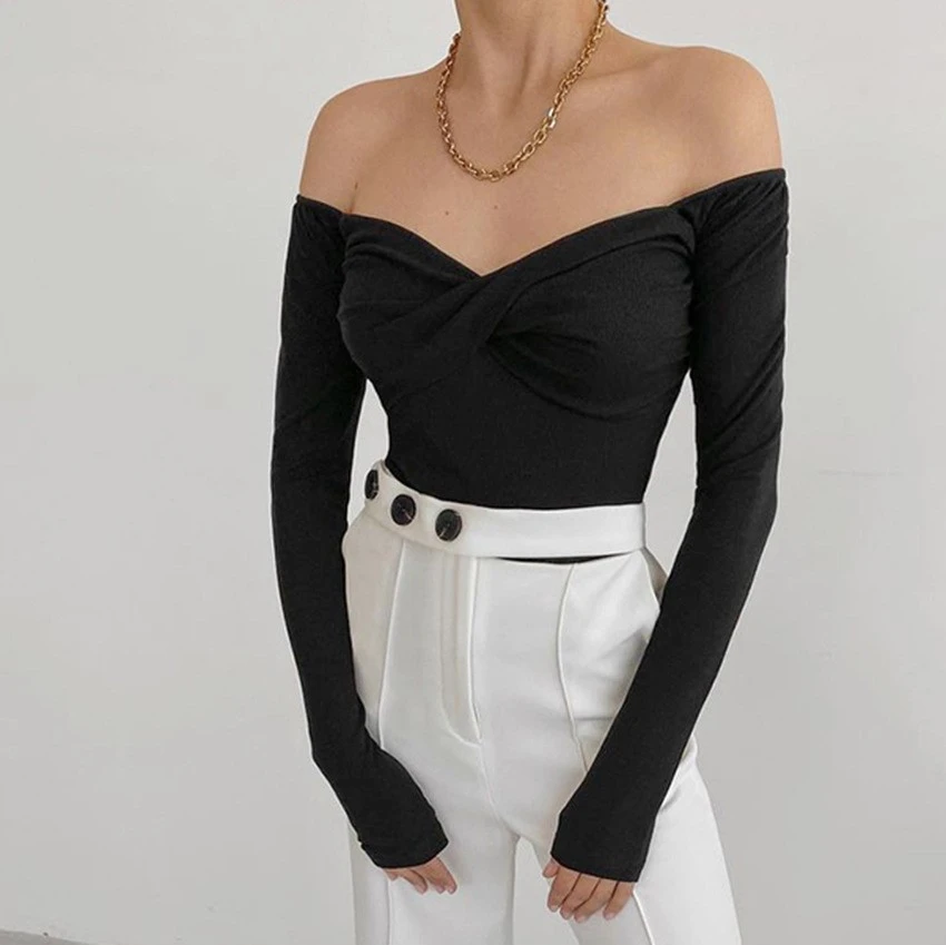 One-line Neck Sexy Strapless Breast Wrap Slim Long Sleeves