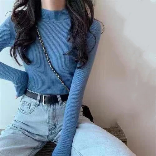 Long-sleeved Pullover All-match Solid Color Half High Collar Students