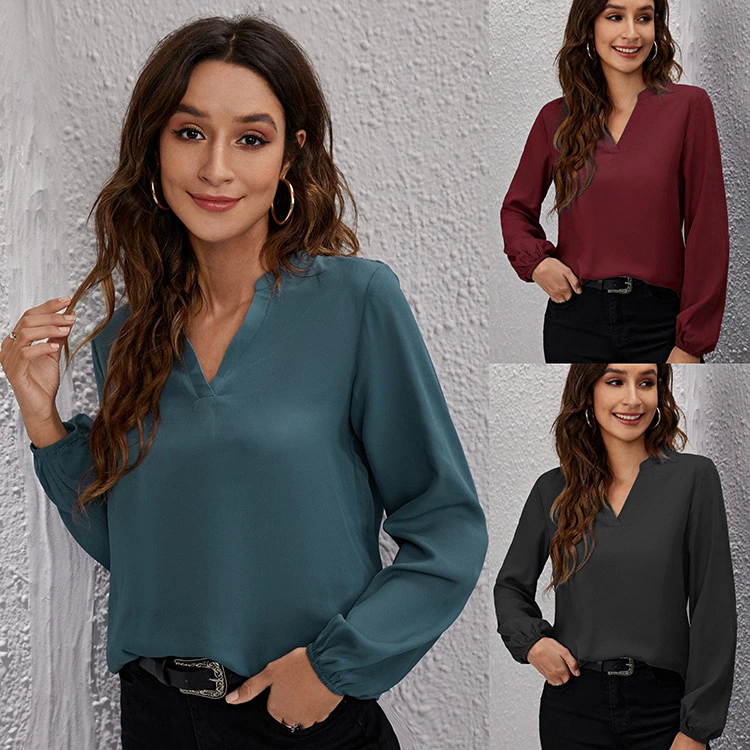 Solid Color V-neck Long-sleeved Blouse Chiffon Long-sleeved Shirt