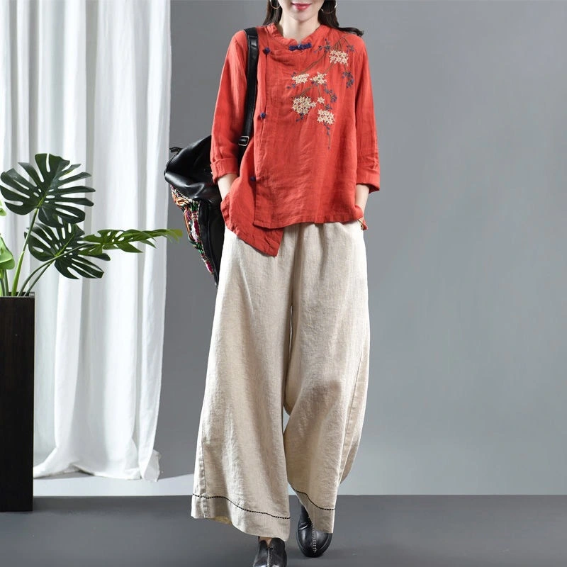 Retro Oblique Button Embroidered Blouse With Loose Long Sleeves