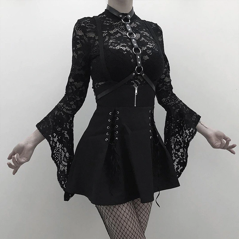 Fashion Black Lace Flared Sleeve Hollow Jumpsuit