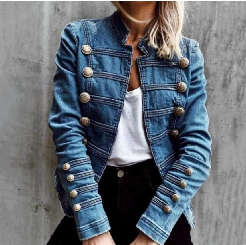 Women's Denim Jacket Buckle With Double Breasted Stitching