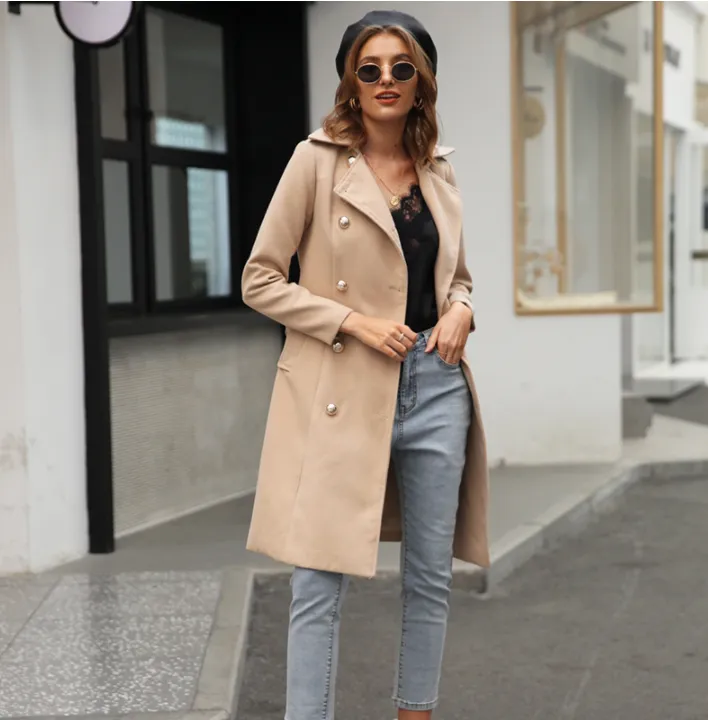 Sexy double-breasted suit collar slim trench coat
