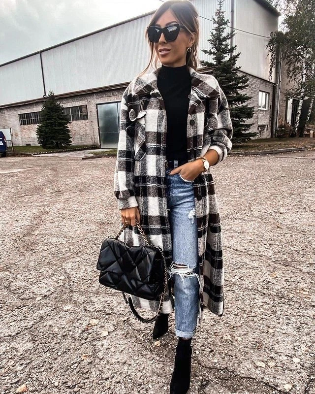 Single-breasted Pocket Printed Plaid Shirt Long Coat