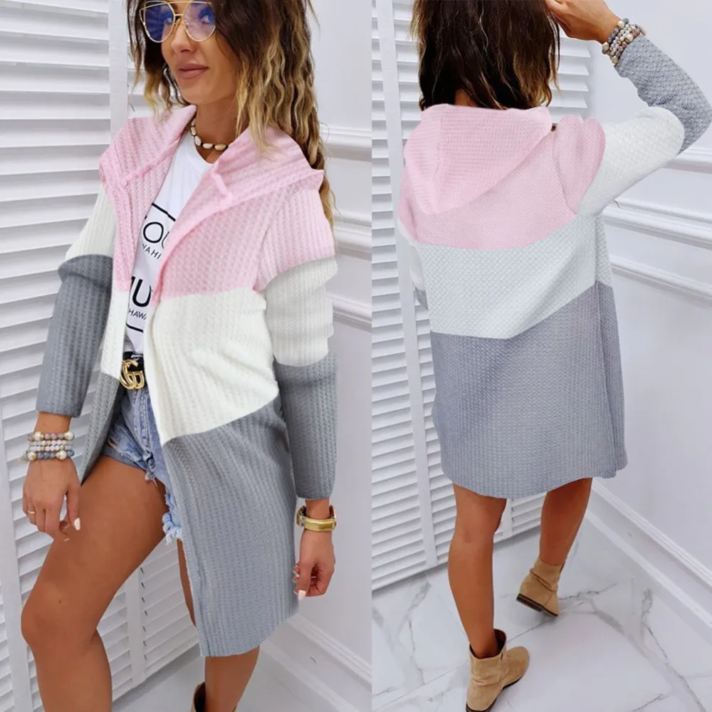 Sweet hooded hot mid-length thin knitted jacket