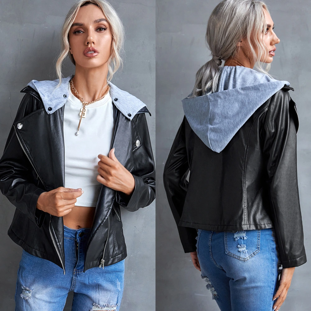 Casual PU Jacket With Hood And Removable Side Zipper