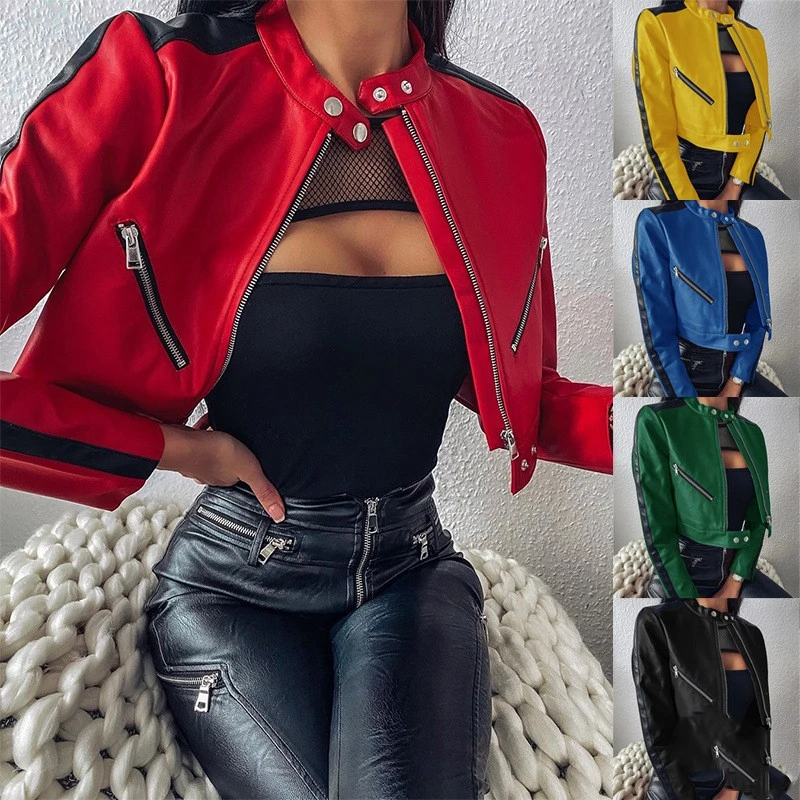 Faux leather stand collar long sleeve leather jacket