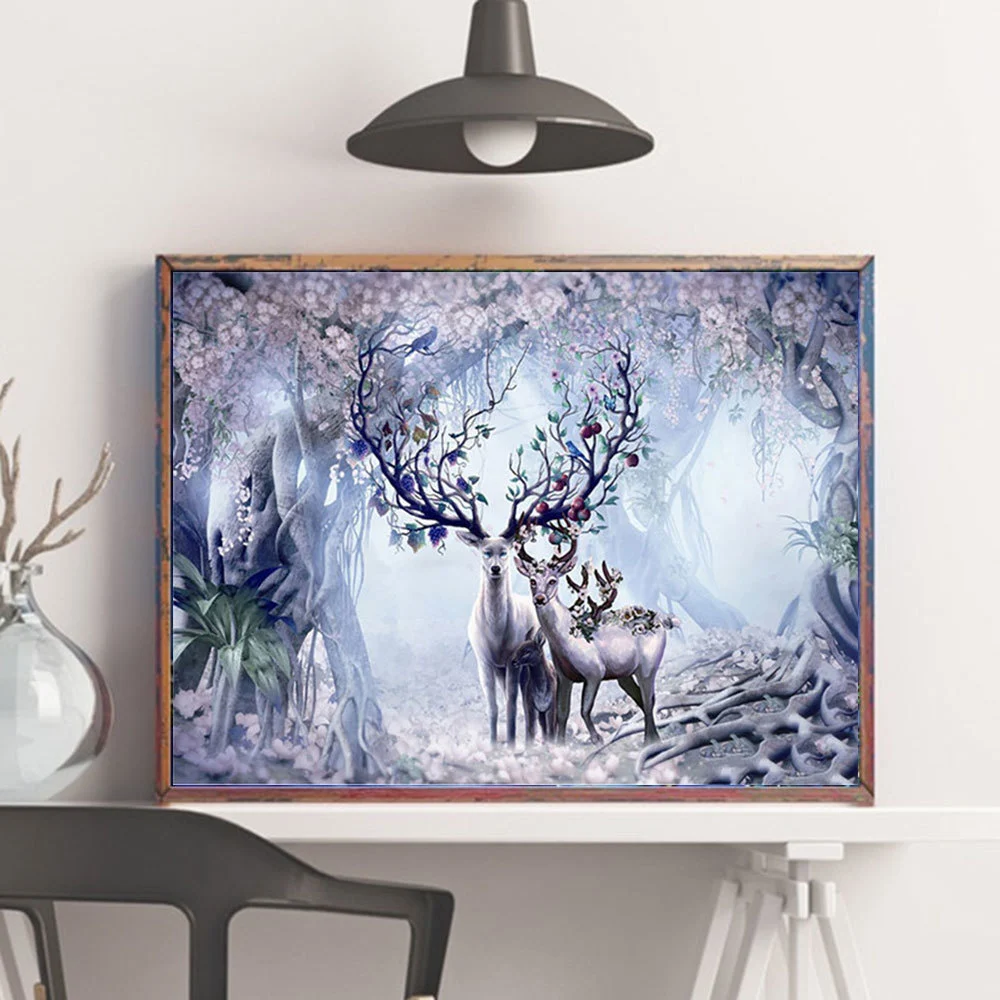 Full Square Round Deer Diamond Painting Animal Mosaic Forest Wall Art