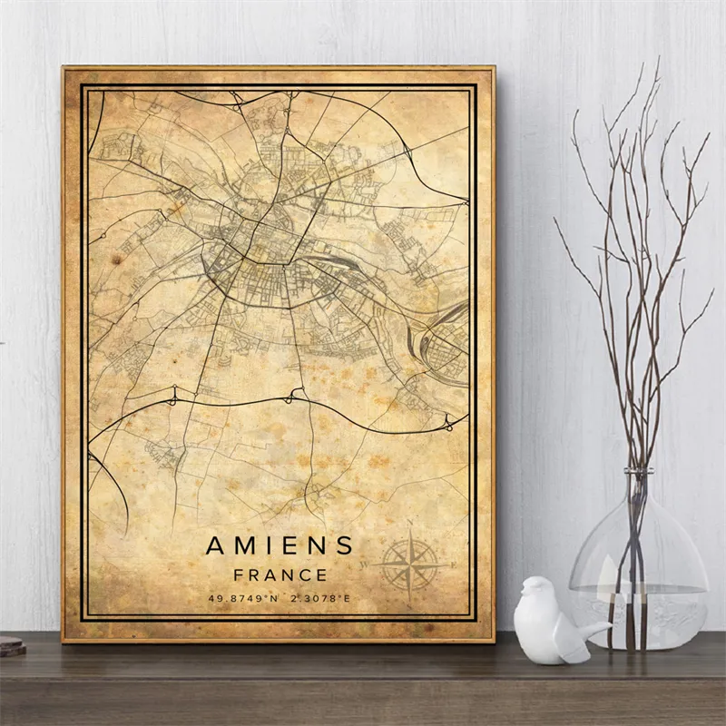 Vintage Burgundy City Map Poster Canvas Painting