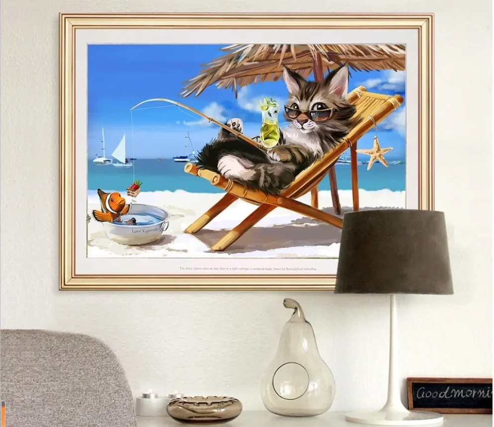 DIY Diamond Painting Of Hand-made Beach Fishing  Cat