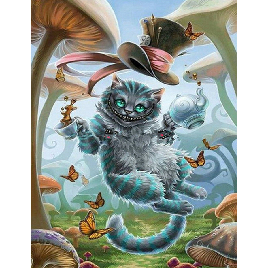 Paddestoel Schattige Kat Olieverfschilderij Handgeschilderde Woondecoratie