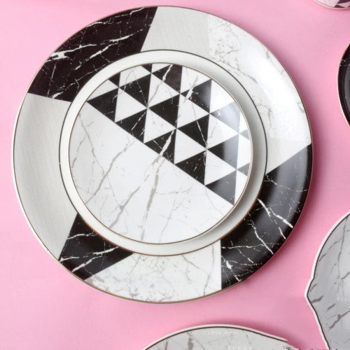 Geometric pattern marbled ceramic plate