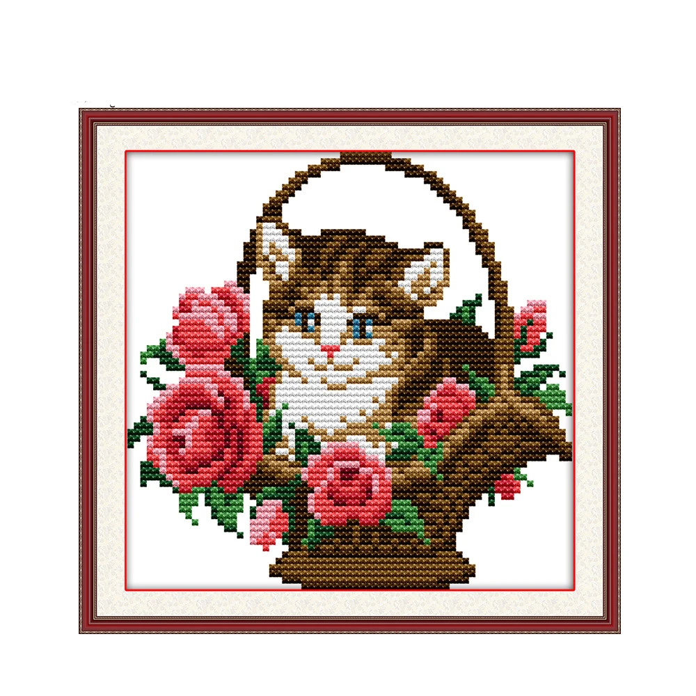 Flower basket kitten embroidery hanging picture