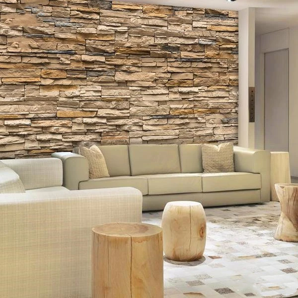 Wood grain stone sofa TV background wall