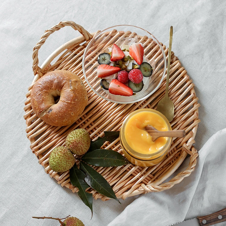 Creative Hand - made Round Multi - Functional Rattan Fruit Plate With Two Ears