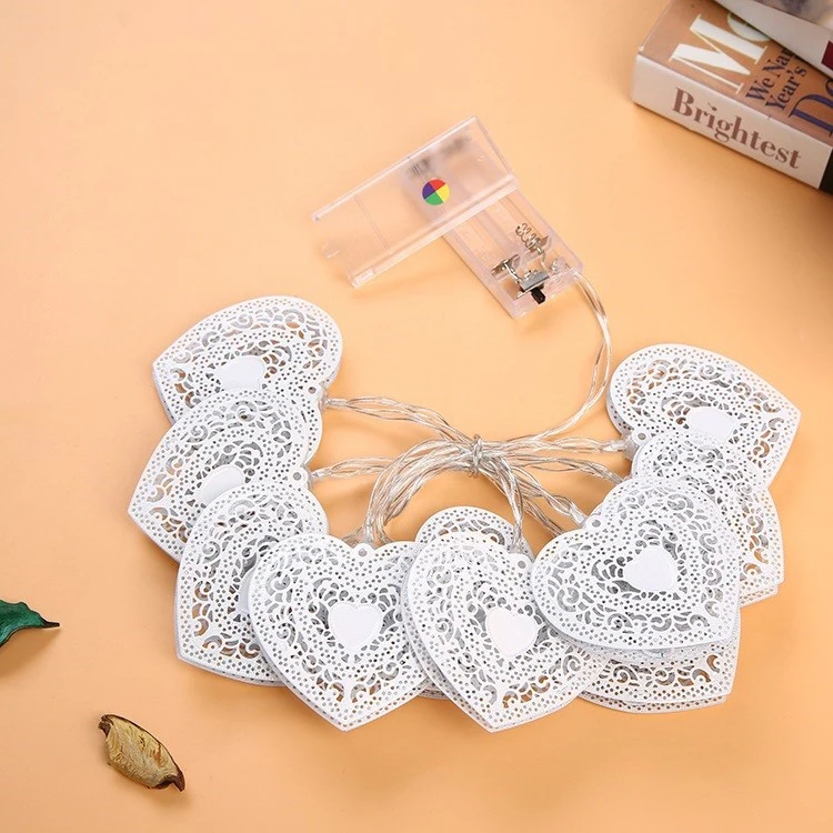 Metallic White Paint Hollow Heart Battery Light String