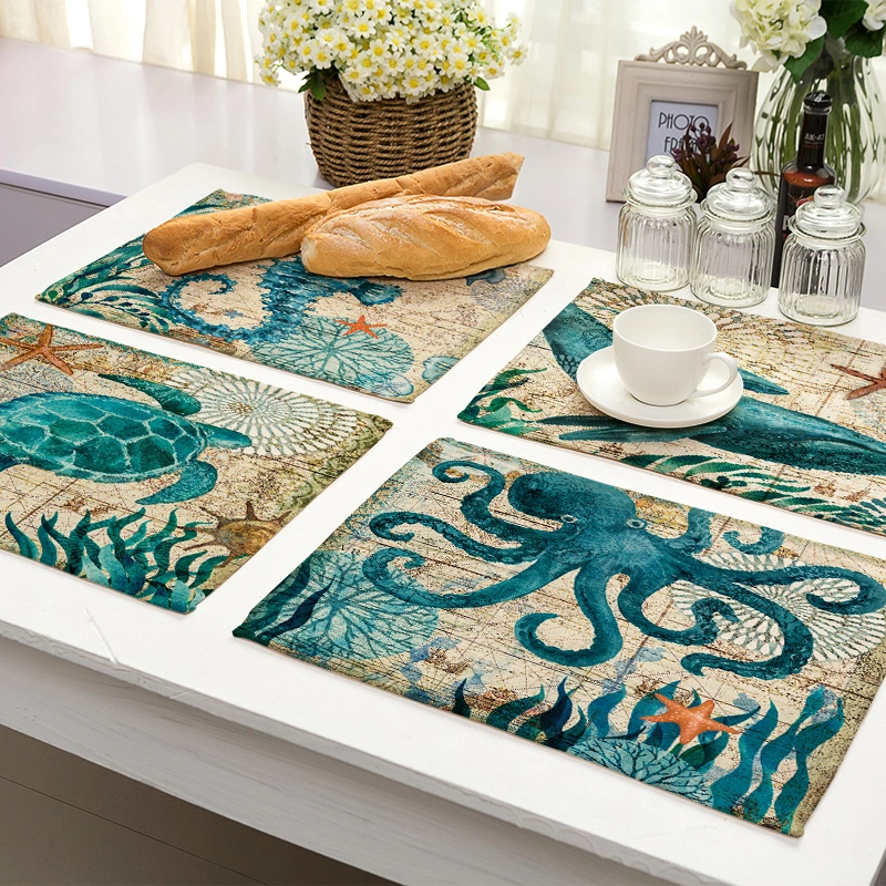 Cotton And Linen Table Cloth Art Book Marine Life Pattern