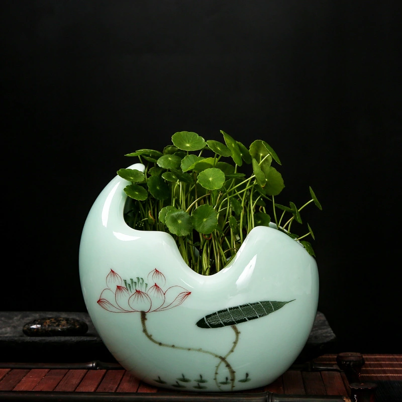 Non-porous Longquan Celadon Creative Hand-painted Small Vase Copper Coin Grass Hydroponic Flower Pot Flower Personalized Home Decoration