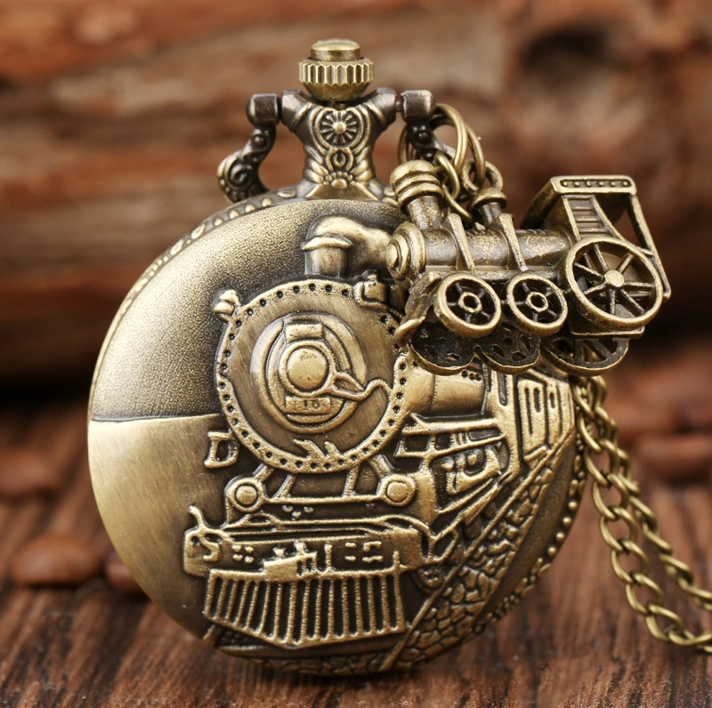 Vintage Bronze Train Accessory Quartz Necklace Pocket Watch