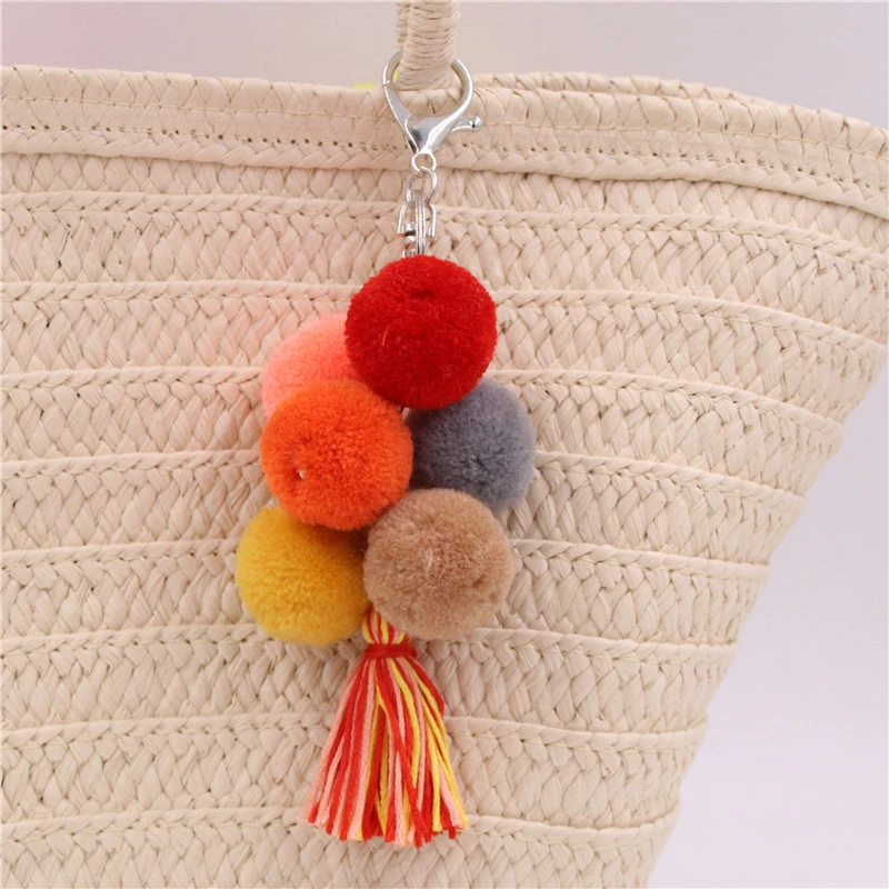 Colored Feather Ball Feather Wooden Bead Tassel Pure Handmade Key Chain