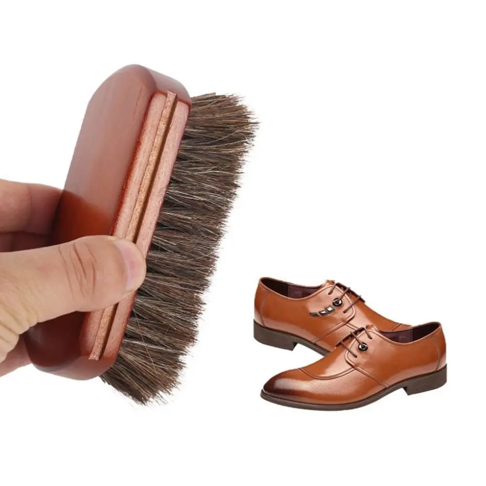 Horsehair Shoe Shine Brushes Wooden Boots Polish Leather Fur