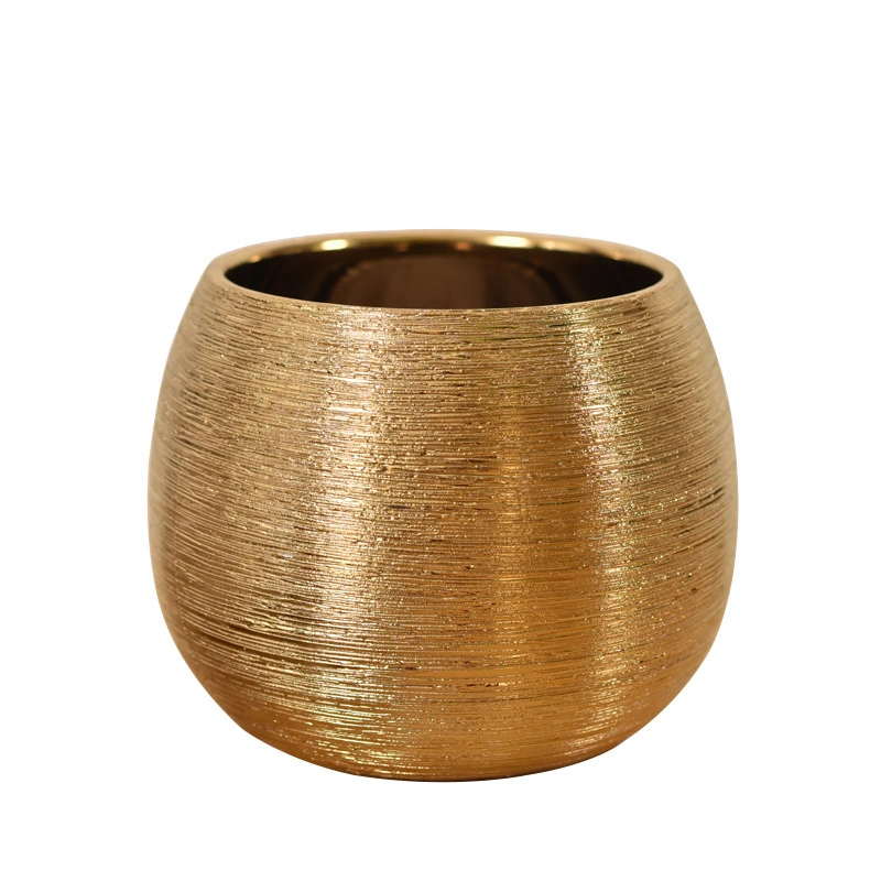 Gold-Plated Ceramic Brushed Fleshy Round Flower Pot