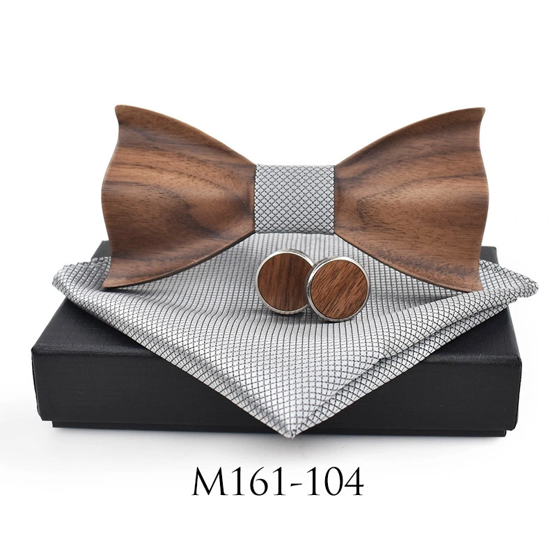 Classic 3D Relief Wooden Bow Tie Suit Plaid Square Towel Cufflinks Leisure Solid Wood Environmental Protection Suit