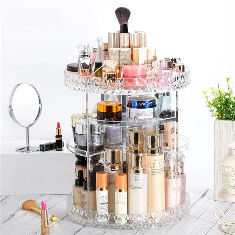 Diamond Pattern Cosmetic Desktop 360 Rotating Storage Box Acrylic Box Dressing Table Lipstick Skin Care Product Storage